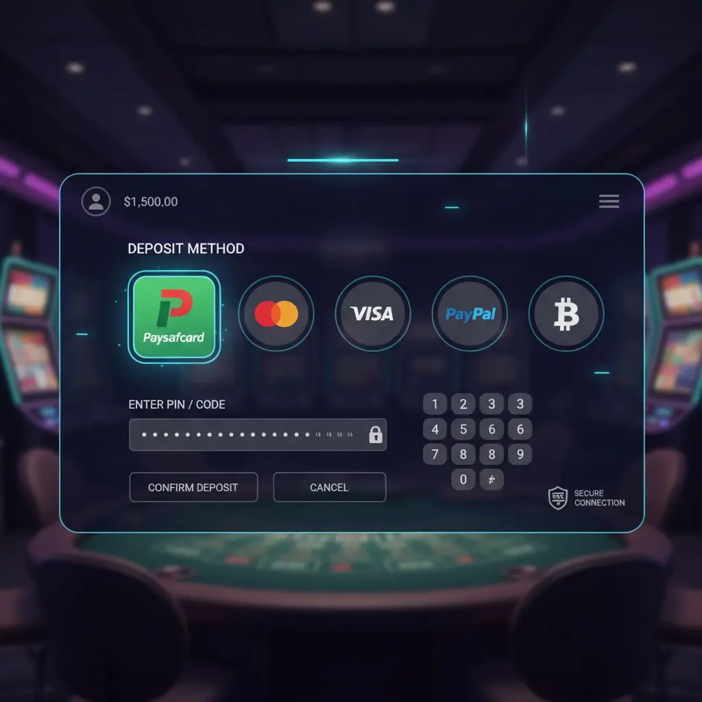 Platba Payafecard: obrazovka kasina se zvýrazněnou možností vkladu a zadáním PIN